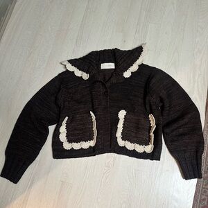 Loeffler Randall Black Cropped Cardigan with Cream Lace Trim